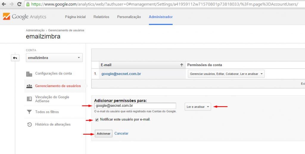 Compartilhando o Google Analytics - passo 3